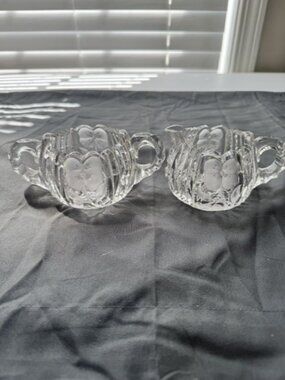 Vintage EAPG Clear Glass Sugar Bowl & Creamer Sawtooth Edge Set w Flower Design